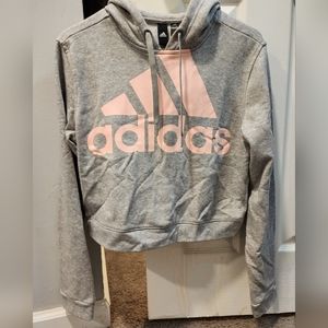 Adidas Cropped Pullover Hoodie in Gray Large Adidas Logo in Pink Womens Medium